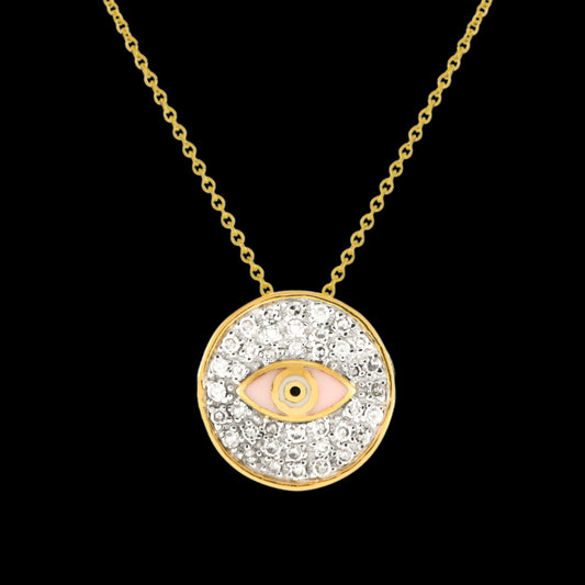 14k Yellow Gold- Diamond Evil Eye Necklace (Pink Color)